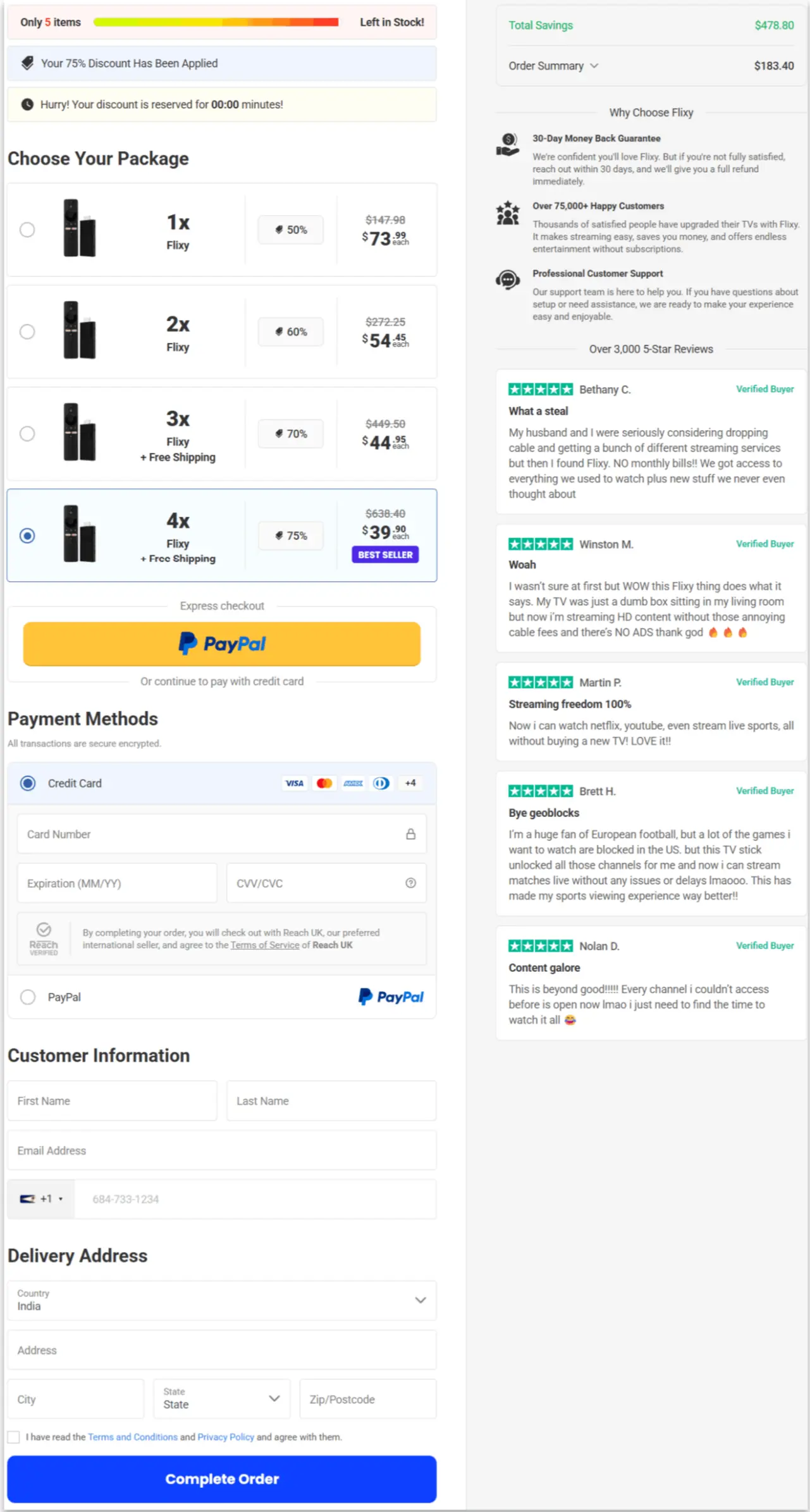 Flixy TV smart stick Secure Checkout Page